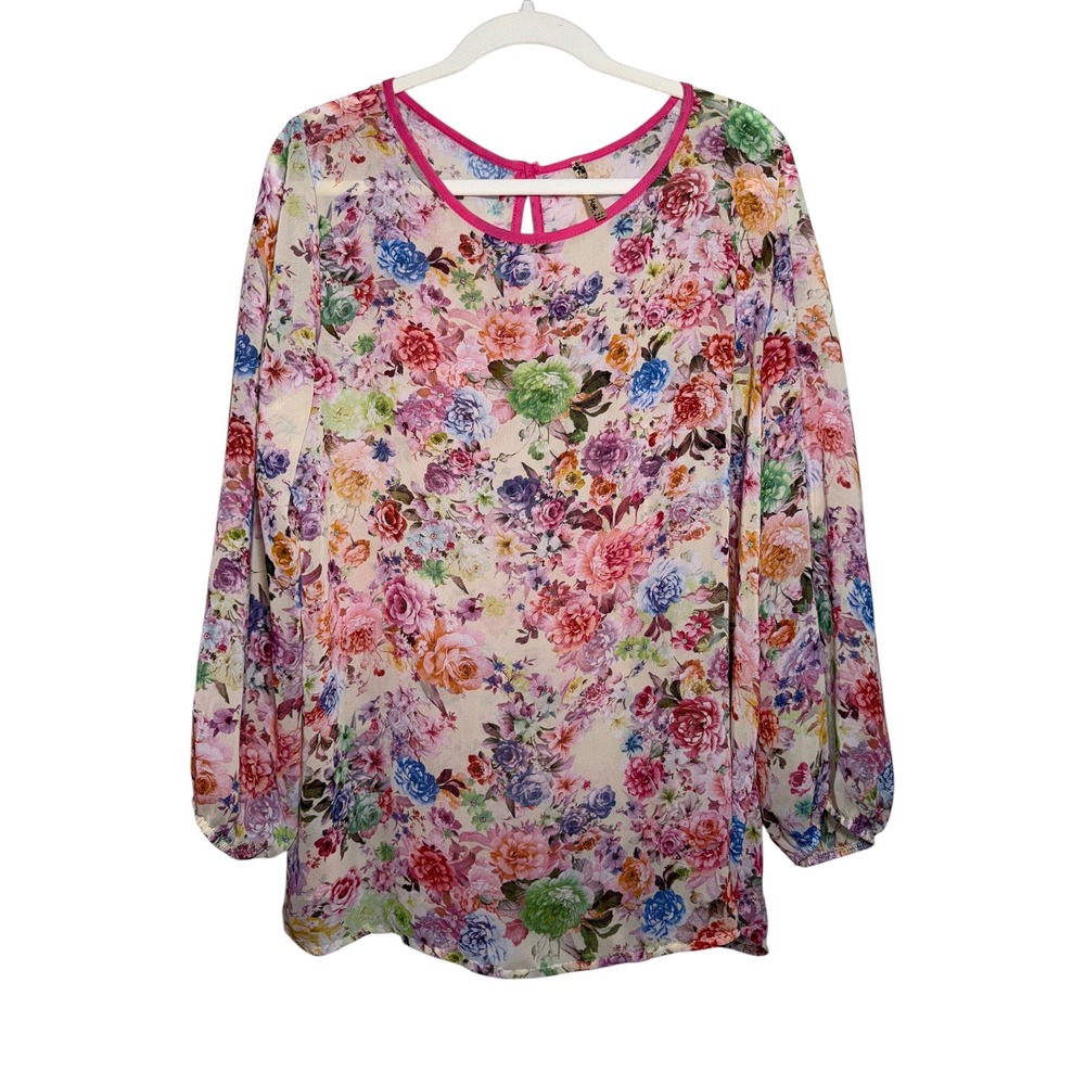 Moa Moa 3X Floral Chiffon Blouse Multicolor Pink Trim Sheer Boho Tunic EUC